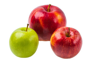 Close up view of three apples isolated on white background. Beautiful background.