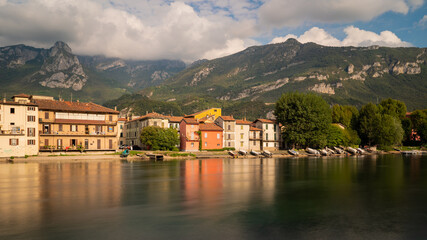 Fototapeta na wymiar Pescarenico village on Adda River next to lake Como.