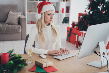 Profile side photo of young girl look read browse computer typing letter congratulation merry christmas indoors