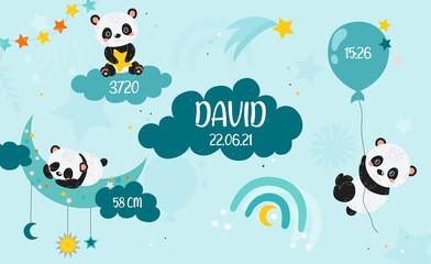 Cute baby pandas with rainbow, clouds, air ballons, stars, crescent and comet. Print for baby shower. Birth poster - newborn metric poster or banner. Greeting card. Flat cartoon vector illustration