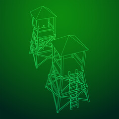 Watchtower or observation tower for hunters. Wireframe low poly mesh vector illustration.