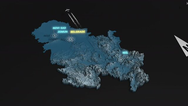 Seamless looping animation of the 3d terrain map at nighttime of Serbia with the capital and the biggest cites in 4K resolution