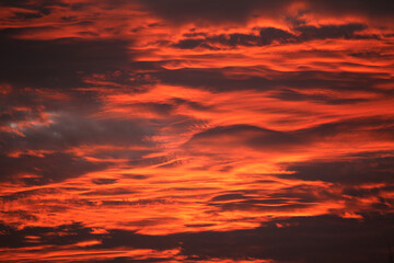 Red sky at sunset , layers of red and orange and yellow fiery sky