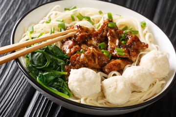 Indonesian food Mie ayam egg noodles with fried chicken meat and meatballs close-up in a bowl on the table. horizontal