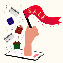 Banner of a big sale. Black Friday, autumn discounts. Shop online. A hand appears from the Mobile with a flag and the text discounts, gift boxes, confetti, money and credit cards, buy. Flat vector 