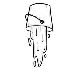 Water is poured out of bucket. Overturned pail with liquid and splashes with drops. Sketch cartoon illustration