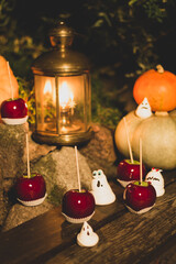 Fototapeta na wymiar An enchanting outdoor Halloween scene showcasing candy-coated apples and meringue ghouls, complemented by a rustic lantern's soft glow and seasonal pumpkins.