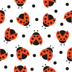 Ladybugs cute characters seamless pattern. Ladybirds insects flying with open wings and big eyes. Vector isolated on white	