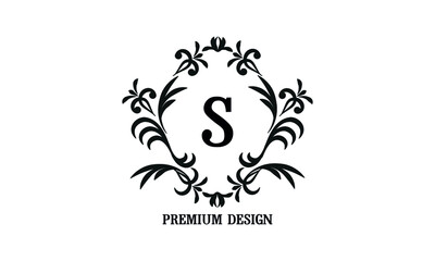 Exquisite company brand sign with letter S. Black and white logo for cafe, bar, restaurant, invitation, wedding. Business style