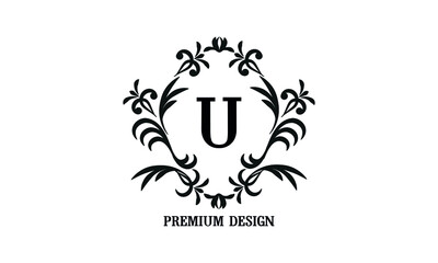 Exquisite company brand sign with letter U. Black and white logo for cafe, bar, restaurant, invitation, wedding. Business style