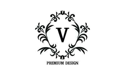 Fototapeta premium Exquisite company brand sign with letter V. Black and white logo for cafe, bar, restaurant, invitation, wedding. Business style