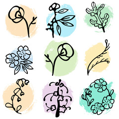 A set of doodle flowers on multicolored spots. Vector. For digital and typographic design, fabric and paper. Scrapbooking design, wallpapers, greeting cards, packaging, accessories. Easter.