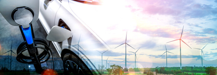 EV charging station for electric car in concept of green sustainable energy produced from renewable...