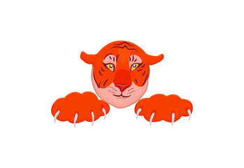 red tiger head and paws with claws. Hand drawing tiger illustration vector.
