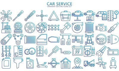 Fototapeta na wymiar car service gradient line icons set, auto repair and transport. Collection modern elements and symbols. Used for modern concepts, web, UI, UX kit and applications. EPS 10 ready to convert to SVG