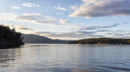 Gulf Islands on the West Coast of Pacific Ocean. Canadian Nature Landscape Background. Sunny Summer Sunset. Near Victoria, Vancouver Island, BC, Canada.