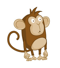 Cute funny monkey colorful cartoon illustration.  little chimpanzee. Wildlife character. Ape stands and wonders