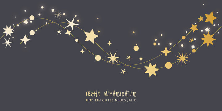 Weihnachtskarte - Frohe Weihnachten mit deutschem Text - dekorativer goldener Sternenschweif auf dunklem Hintergrund