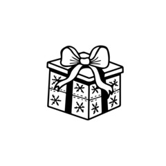 Hand drawn vector illustration of a gift box. Isolated black and white outline present design for logo, icon, banner, sticker.