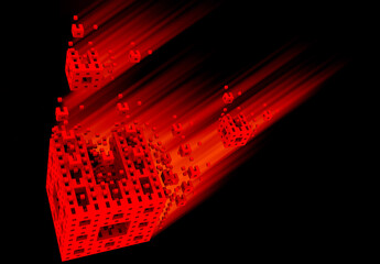 3D rendered scene with flying red multiple cubes on black background