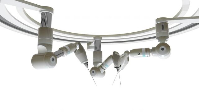 Animation of a 3D ceiling robotic machine arm in surgery room. Futuristic medical technology concept. 4k resolution footage.