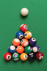 Billiard balls on green table with  numbers
