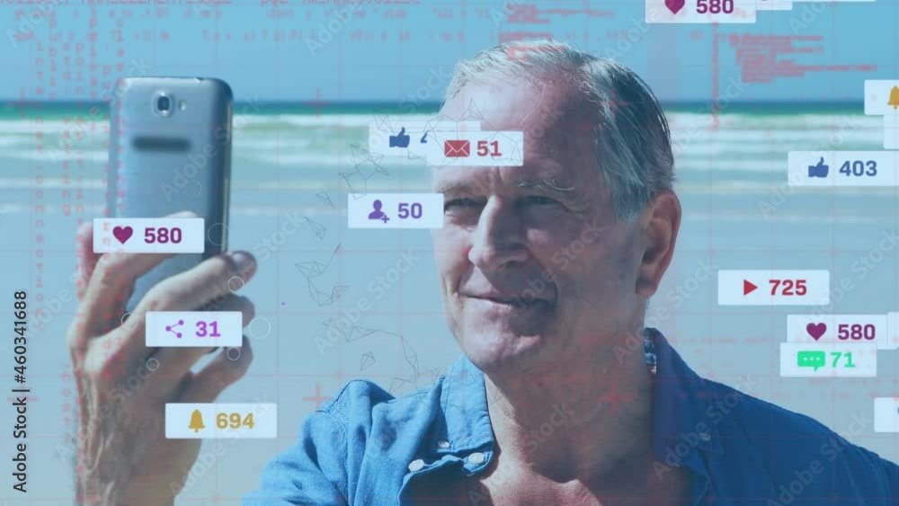 Aufkleber animation of social media icons and data processing over senior man using smartphone