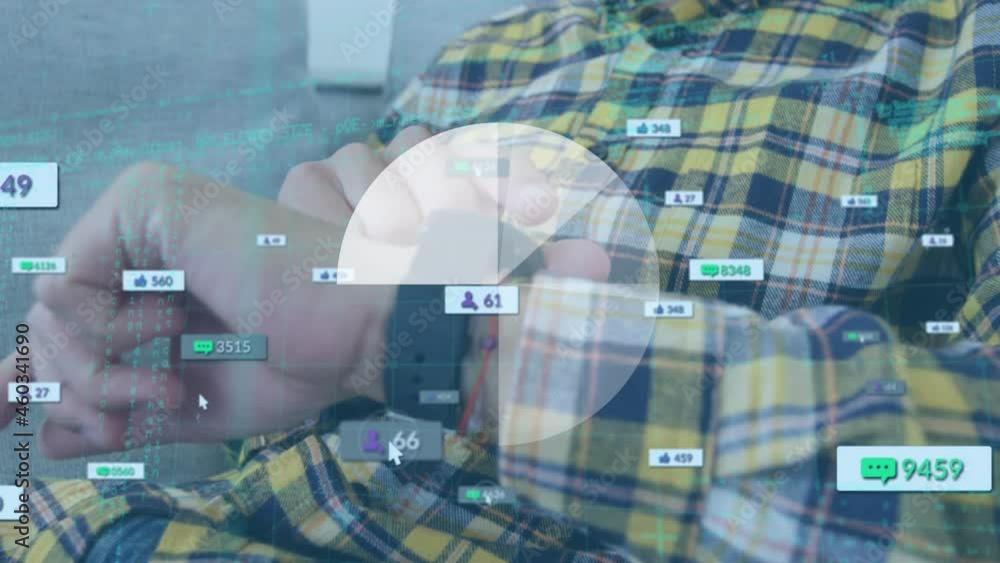 Poster Animation of social media icons and data processing over senior man using smartwatch