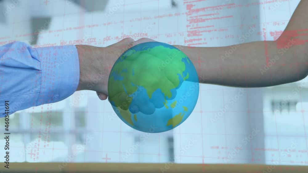 Poster animation of globe and data processing over handshake