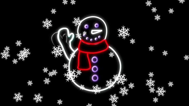 Animation of snow falling over christmas neon decoration on black background