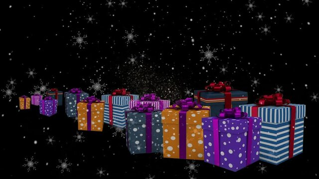 Animation of snow falling over christmas gifts on black background