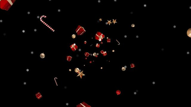 Animation of christmas gifts and snow falling over black background