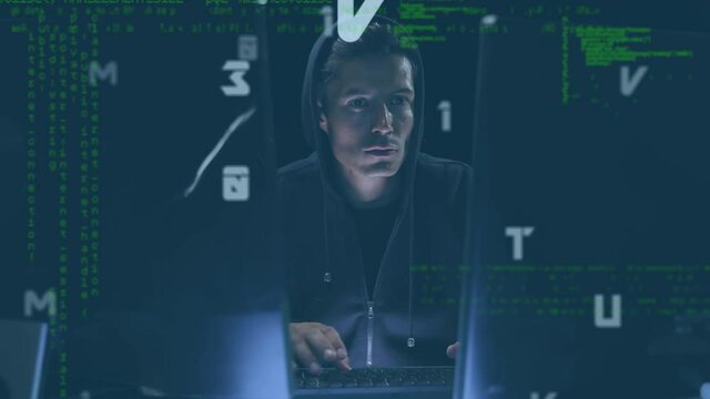 Animation of data processing over haker using laptop