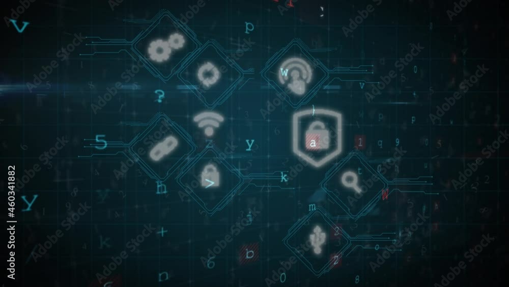 Poster animation of network of connections with icons and padlock