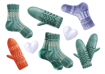 Collection of hand-painted clip art winter elements isolated on white backgrounds. Knitted green blue and red socks and mittens, and heart-shaped snowballs. Elements for winter celebrations cards