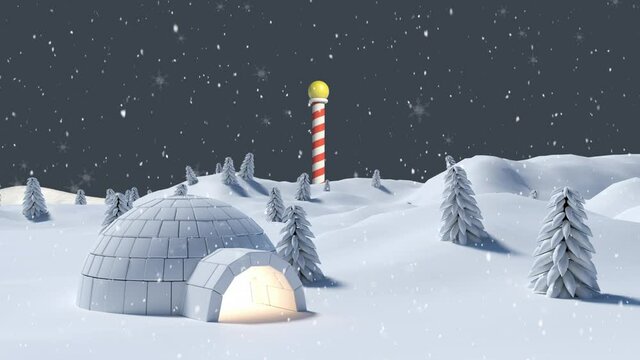 Animation of snow falling over igloo in winter landscape