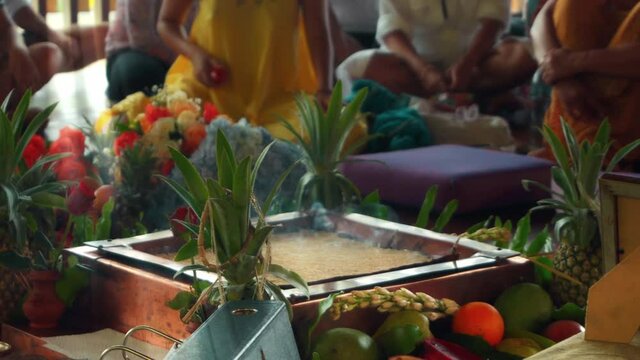 Flowers and fruits for offering at the Yagya fire ceremony hindu