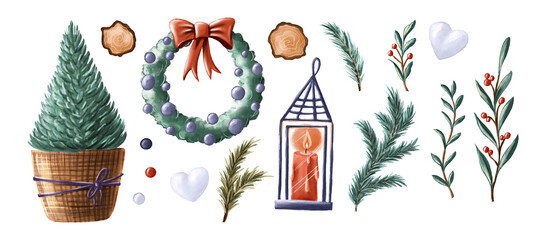 Collection of hand-painted clip art winter elements isolated on white backgrounds. The Christmas tree in a basket, wreath with bow and balls, candle, fir tree branches, woodcut circles, leaves and