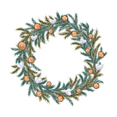Christmas fir-tree wreath with woodcut circles and heart-shaped snowballs on white background. Isolated hand-painted illustration of New Year or Christmas decoration for invitations, greeting cards