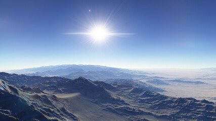 Naklejka na ściany i meble Exoplanet fantastic landscape. Beautiful views of the mountains and sky with unexplored planets. 3D illustration