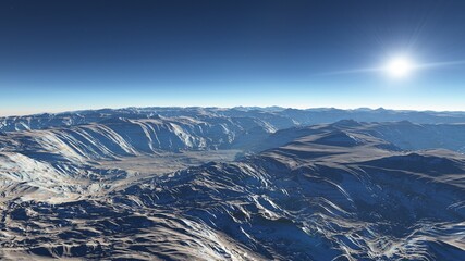 Obraz premium Exoplanet fantastic landscape. Beautiful views of the mountains and sky with unexplored planets. 3D illustration