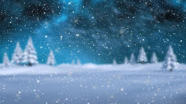 Animation of snow falling over winter landscape and northern lights