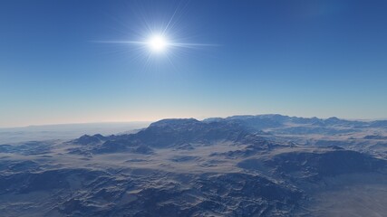 Exoplanet fantastic landscape. Beautiful views of the mountains and sky with unexplored planets. 3D illustration