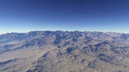 Exoplanet fantastic landscape. Beautiful views of the mountains and sky with unexplored planets. 3D illustration