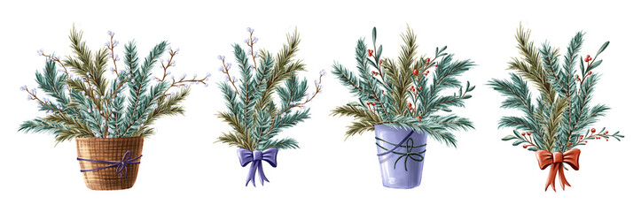 Set of four wSet of four winter Christmas bouquets with fir-tree and pine tree branches and twigs, red berries, big bows, decoration bucket, and basket isolated on white background. Winter