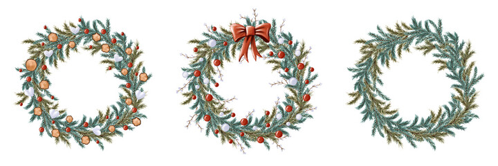 Set of three Christmas fir-tree wreaths with woodcut circles and heart-shaped snowballs, red bow and balls, and white berried twigs on white background. Isolated hand-painted illustration of New Year