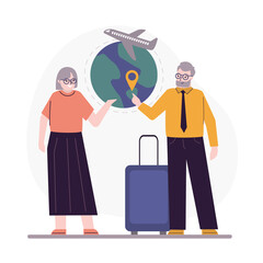 Elderly tourists choose place to travel on planet earth. Old travelers searching and planning trip or tour. Summer vacation and recreation for grandparents