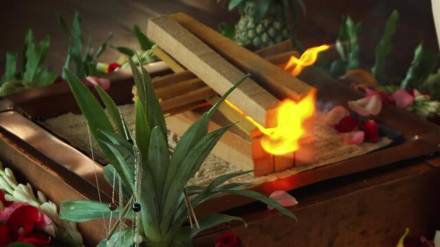 Flowers and fruits for offering at the Yagya fire ceremony hindu