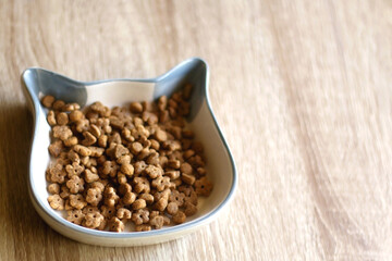 Cat shaped bowl filled with dry cat food. Selective focus.