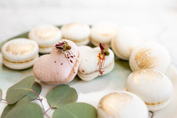 Fototapeta na wymiar White macaroons are on a plate. Delicious light cookies on a plate on a light background. Bakery